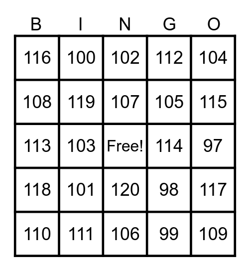 Hundreds Bingo Card
