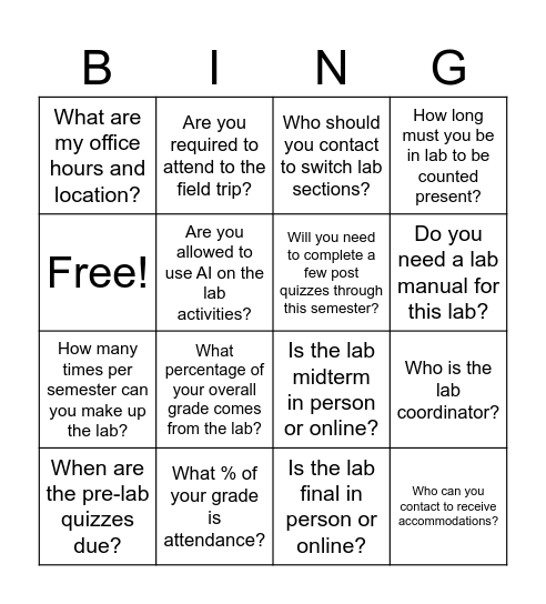 GEOL1403 Syllabus BINGO Card
