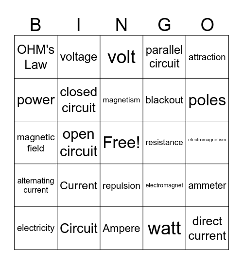 Electricity and Magnets Bingo Card