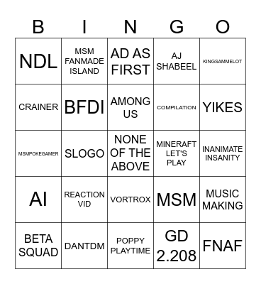 Youtube Refresh Bingo Card