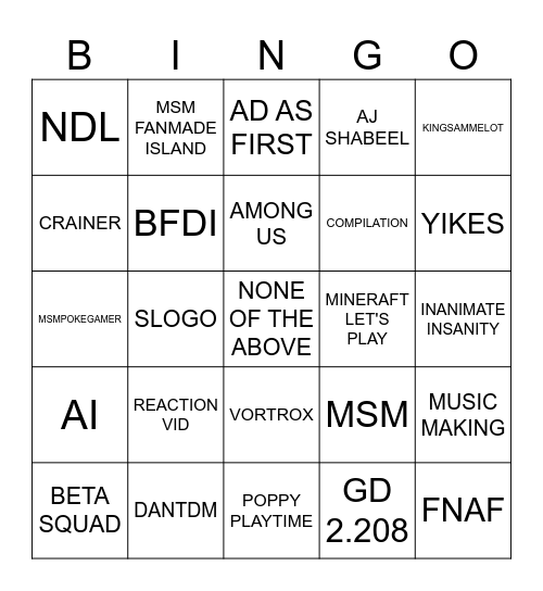 Youtube Refresh Bingo Card