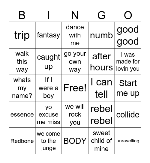 R&B Vs Rock Bingo Card
