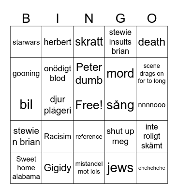 Family guy bingo Card