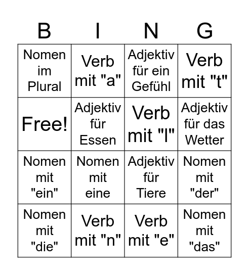 Wortarten Bingo Card