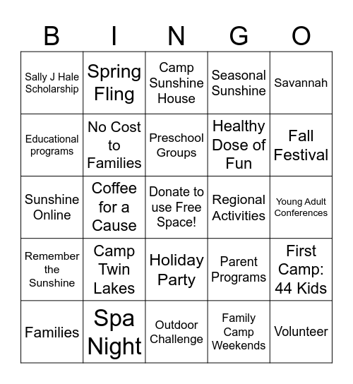 Camp Sunshine Bingo Card