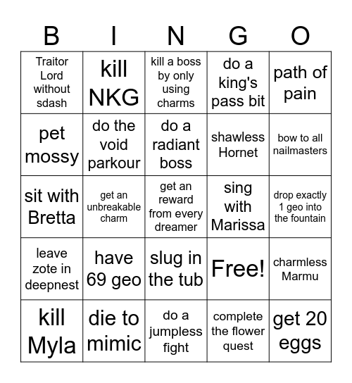 Hollow Knight Bingo Card