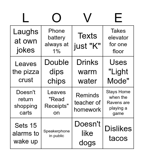 Love Week Red Flag Bingo Card