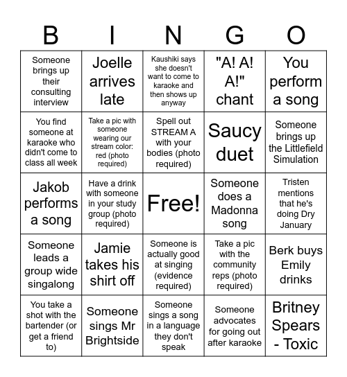Stream A Karaoke BINGO Card