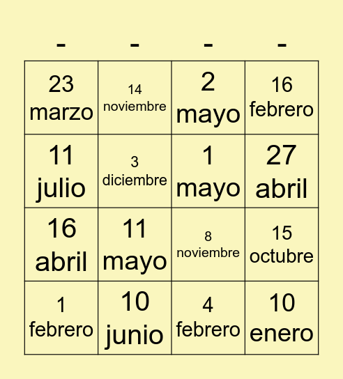 Mi cumpleaños es el __ de ____ Bingo Card