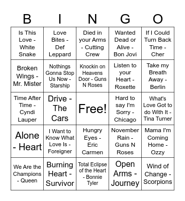Power Ballads Bingo Card