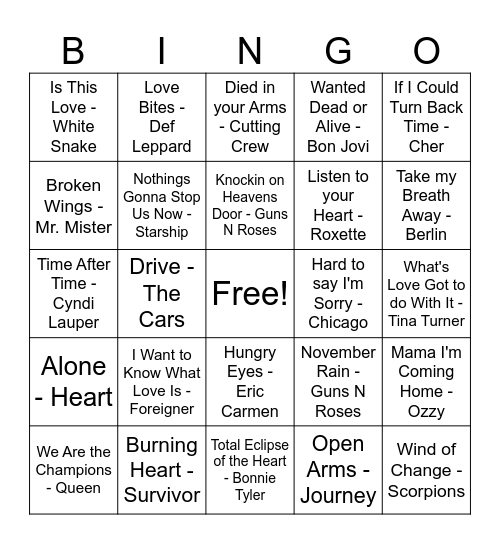 Power Ballads Bingo Card