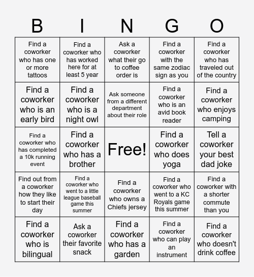 Staff Appreciation BINGO Card