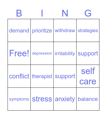 GES Stress Management Bingo Card