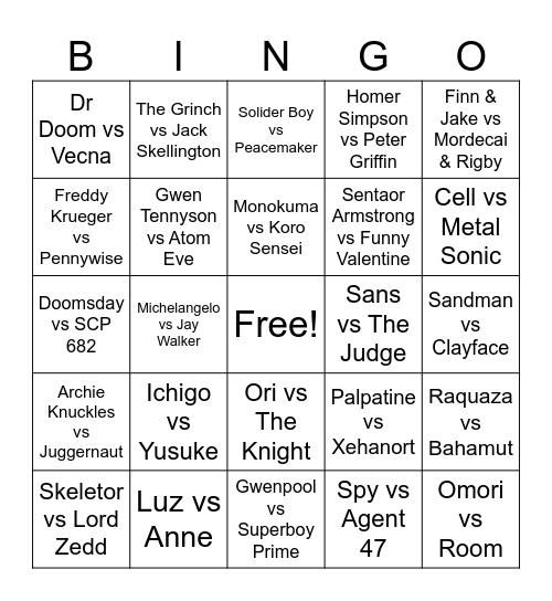 Death Battle 2026 Bingo Card