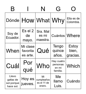 Interrogative Words Warm-Up Bingo Card