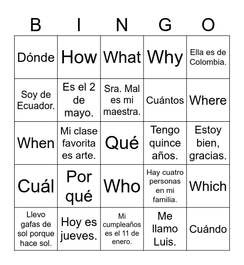 Interrogative Words Warm-Up Bingo Card