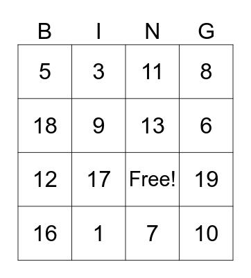 Numbers Bingo Card