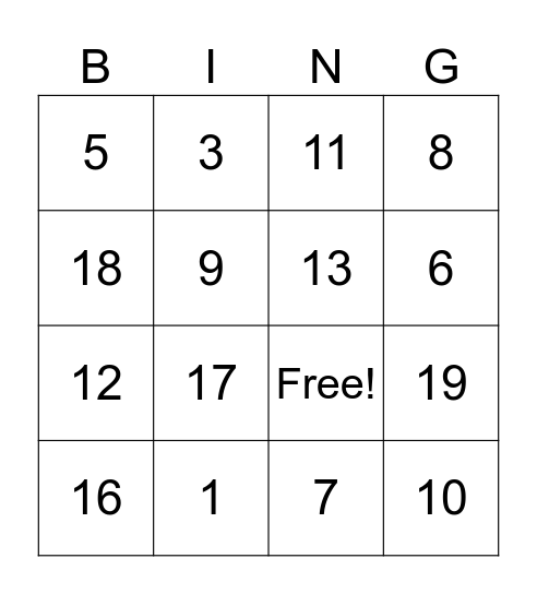 Numbers Bingo Card