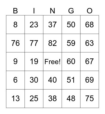 Number Bingo 1-90 Bingo Card