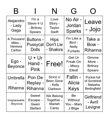 00's Pop Divas Bingo Card