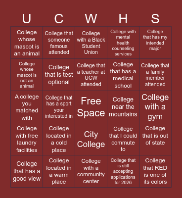 UCW College Fair Bingo Card