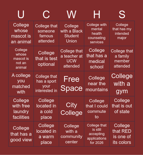 UCW College Fair Bingo Card