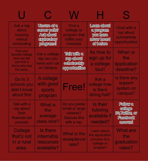 College & Career Fair Bingo! Bingo Card