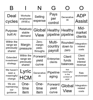 ADP Earning Call Bingo Card