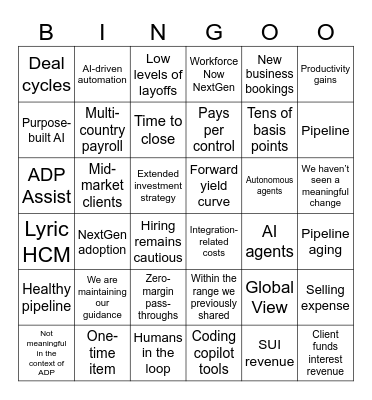 ADP Earnings Bingo Card