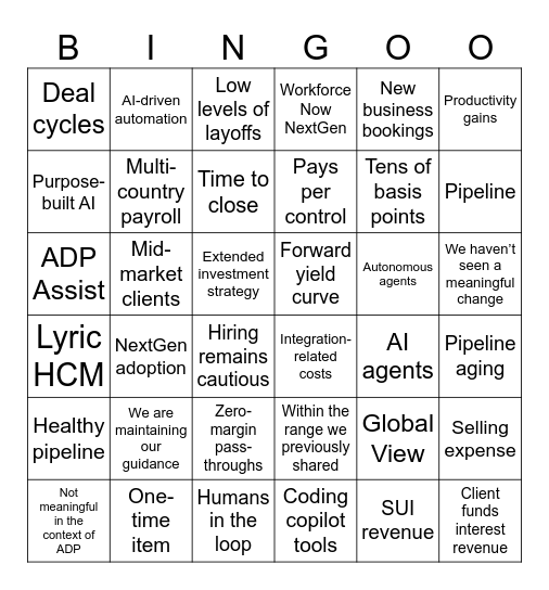 ADP Earnings Bingo Card