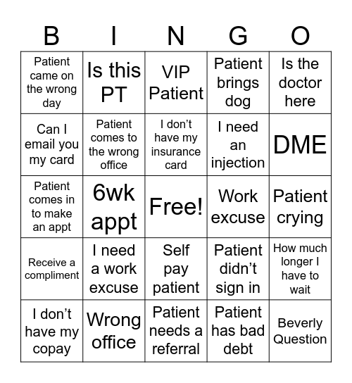 Front Desk Bingo Card