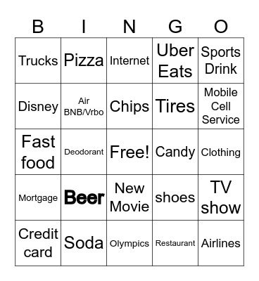Superbowl commercials Bingo Card