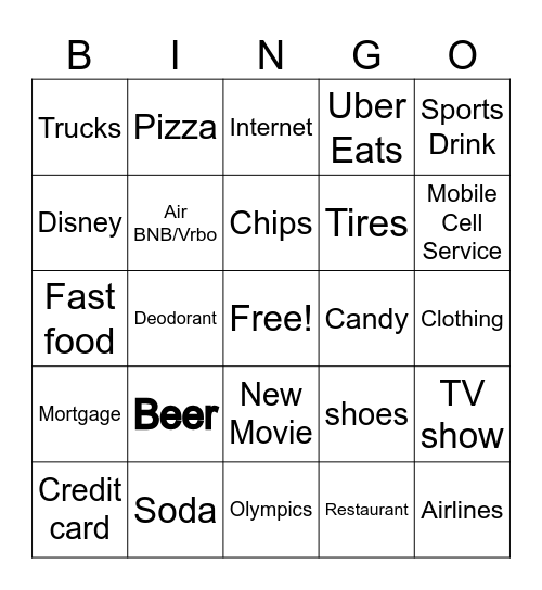 Superbowl commercials Bingo Card
