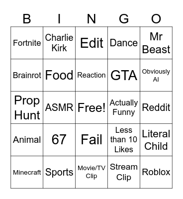 YouTube Shorts Bingo Card