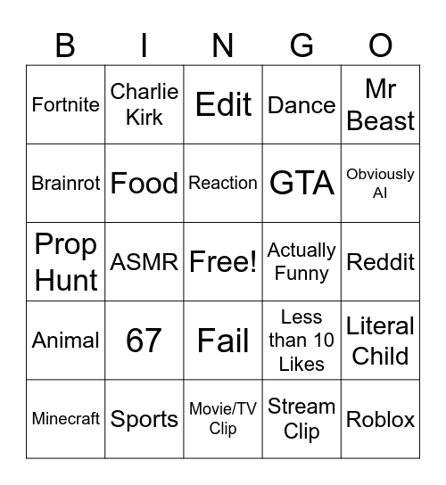 YouTube Shorts Bingo Card