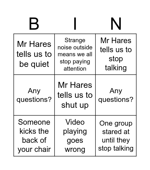 Tiffin Programme Bingo Card