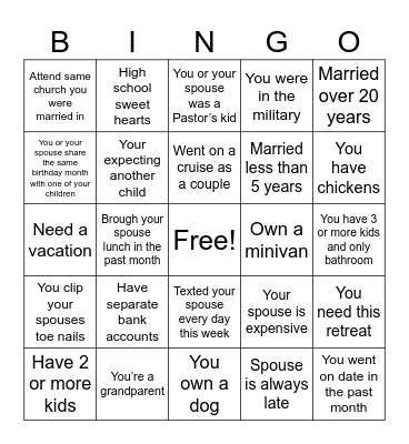 Great Plain Marriage Retreat 2026 Bingo Card