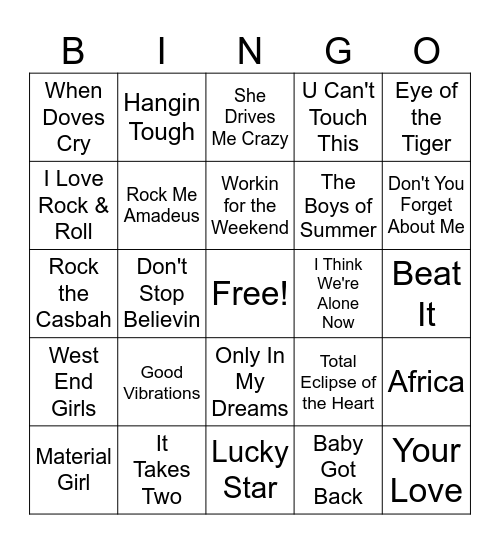 80's Bingo Card