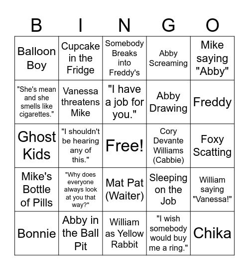 FNAF Movie Bingo Card