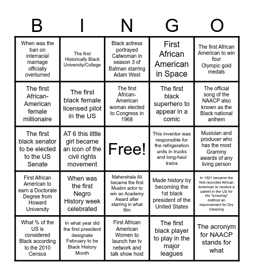 Black History Trivia Bingo Card