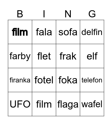 Wyrazy z literą f Bingo Card