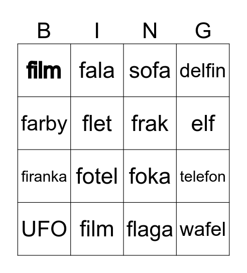 Wyrazy z literą f Bingo Card