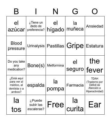 Beginner Spanish Bingo Card
