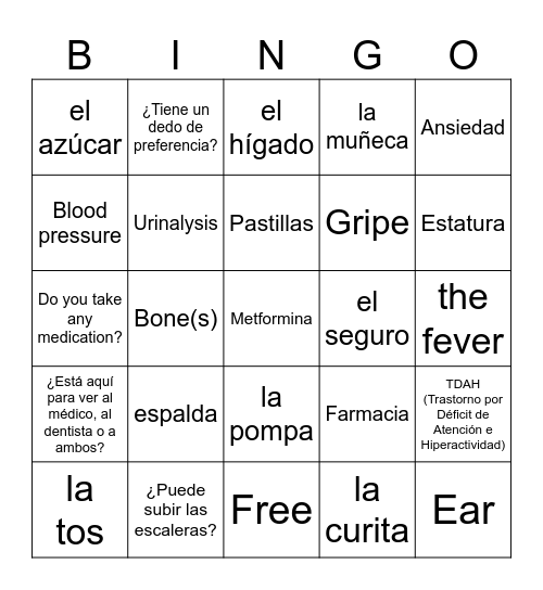 Beginner Spanish Bingo Card