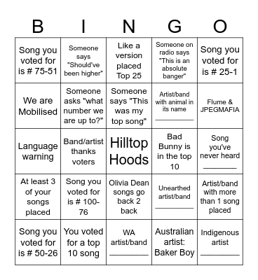 Triple J Hottest 100 Bingo Card