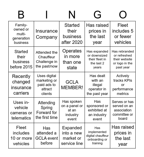 GCLA SPRING FORWARD 2026 Bingo Card