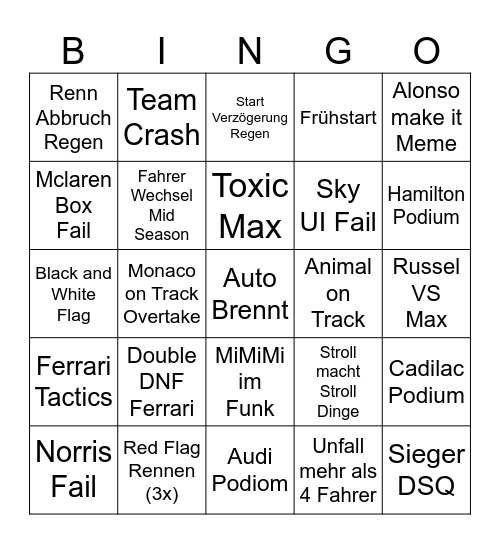 MyLife F1 Bingo Card