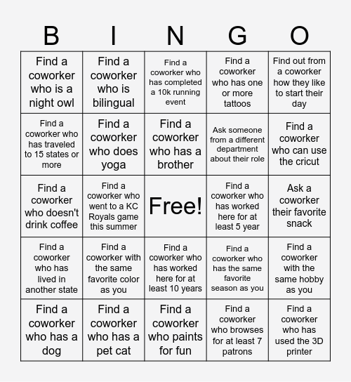 Staff Appreciation BINGO Card