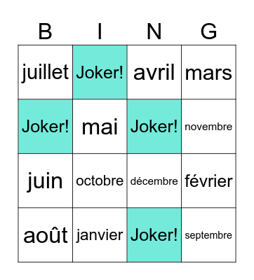 Les mois de l'année Bingo Card
