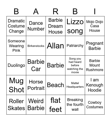 Barbie Movie Bingo Card